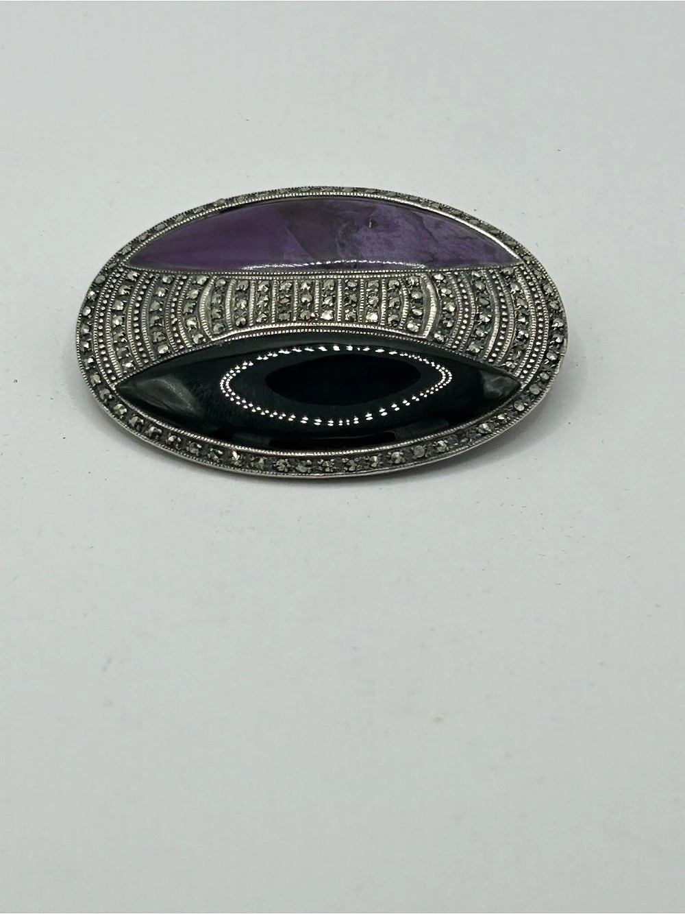 Vintage Judith Jack Sterling Silver Amethyst Onyx Marcasite Brooch Pin